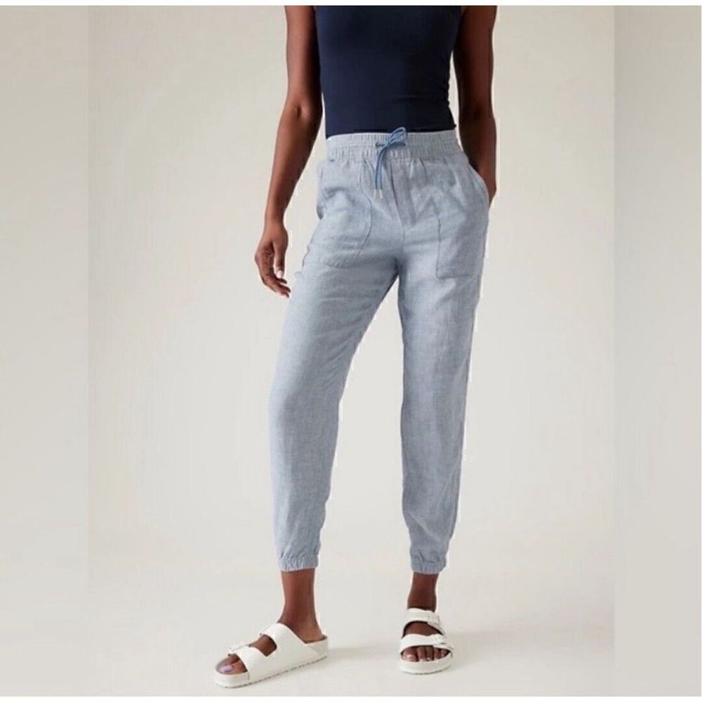 Athleta retreat Linen Jogger pants chambray blue size 12